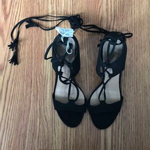 Christian Siriano Black Lace Up Suede Heels, Size 6